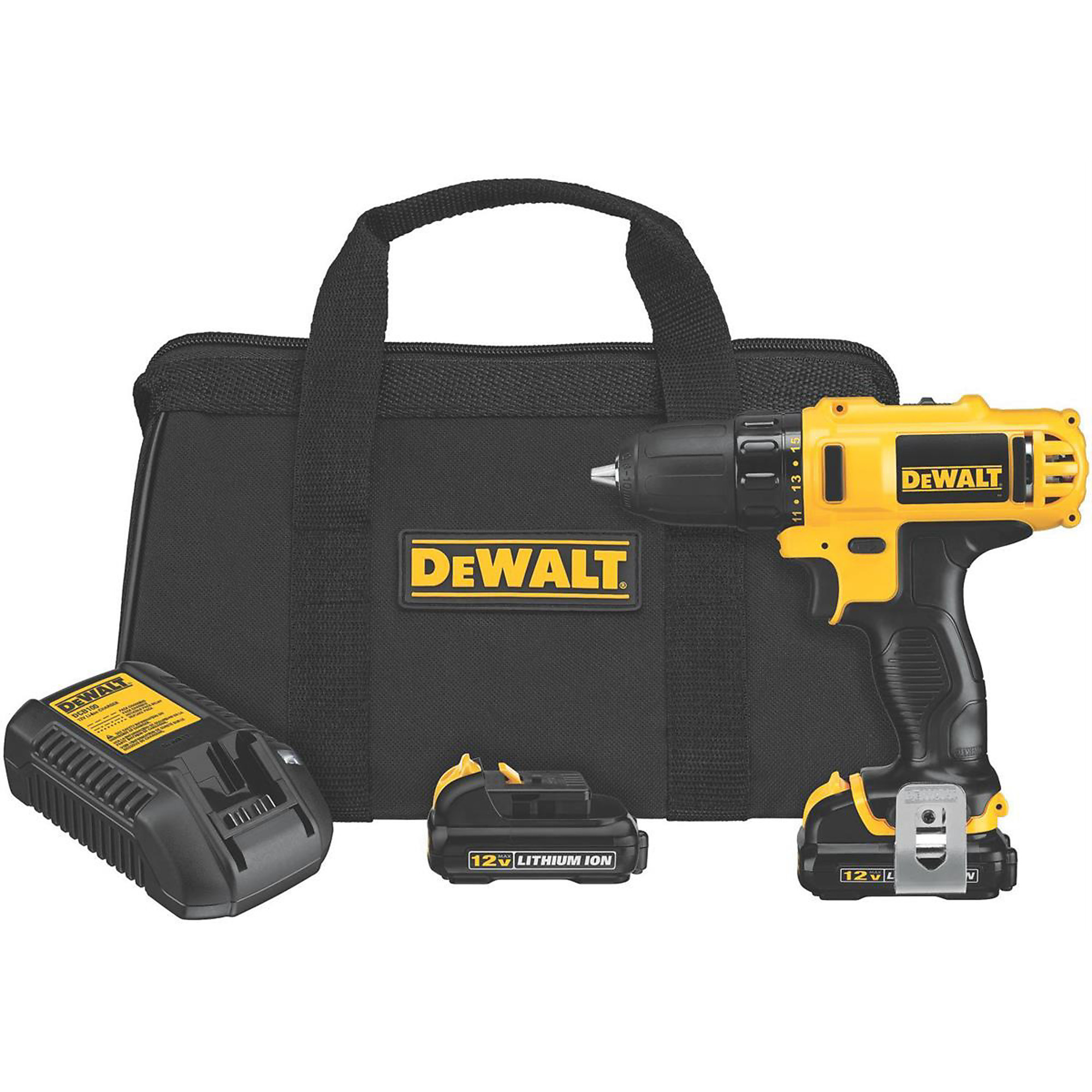 DEWALT 12V Li-Ion Drill Driver Kit — 3/8in. Chuck, LED Lights, Ergonomic Design, 2.5 lbs., Model# DWTDCD710S2